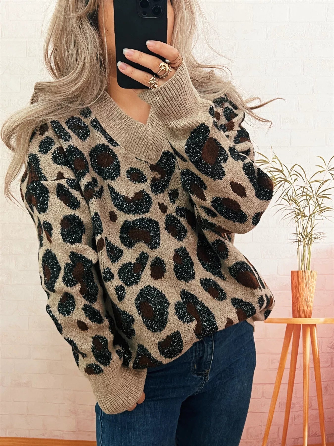 Leopard V-Neck Drop Shoulder Sweater 
