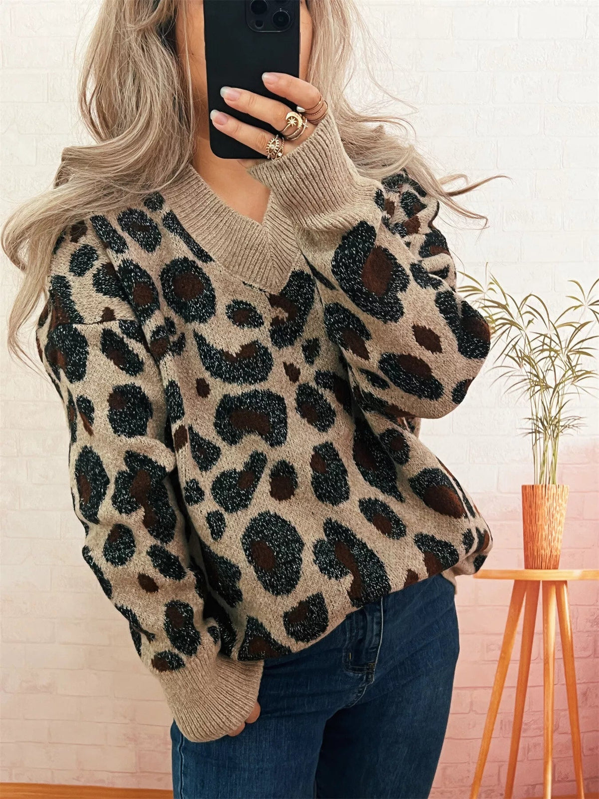 Leopard V-Neck Drop Shoulder Sweater 