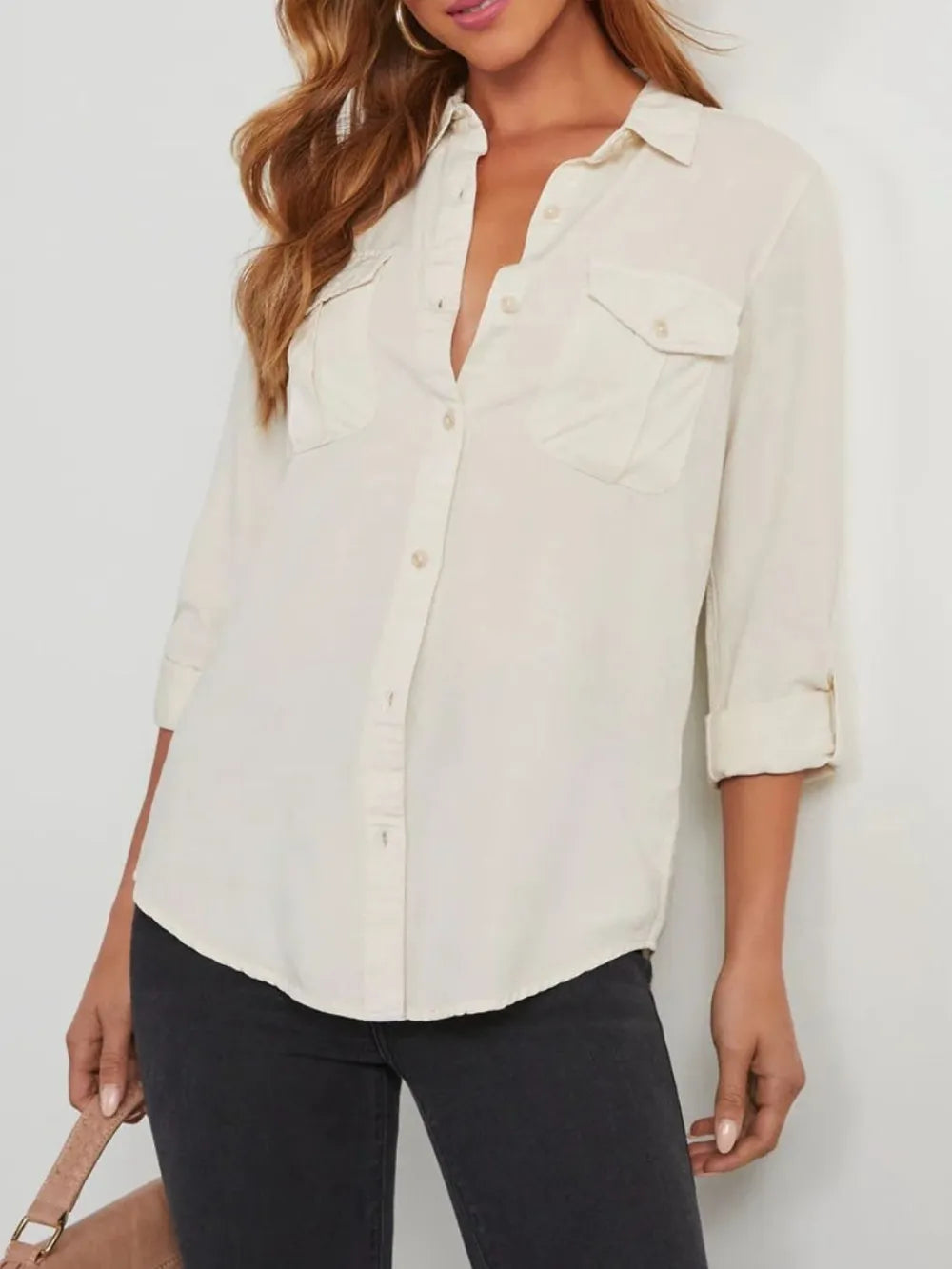Collared Neck Roll-Tab Sleeve Denim Top 