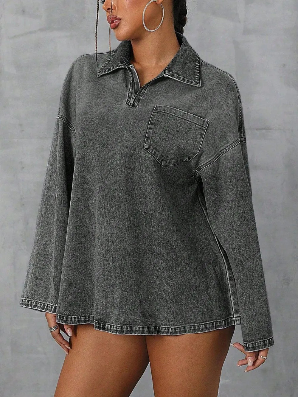 Collared Neck Drop Shoulder Denim Top 