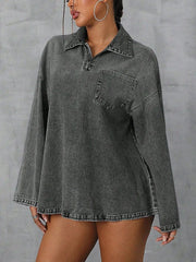 Collared Neck Drop Shoulder Denim Top 