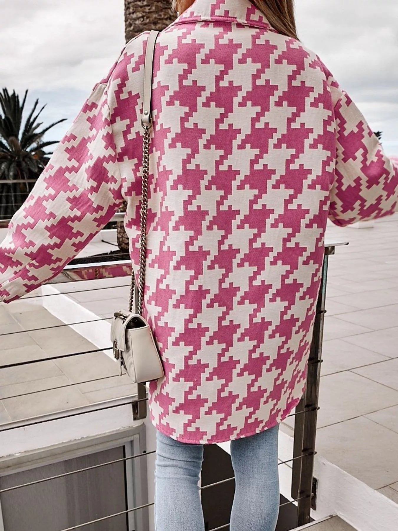 Houndstooth Button Up Long Sleeve Outerwear 