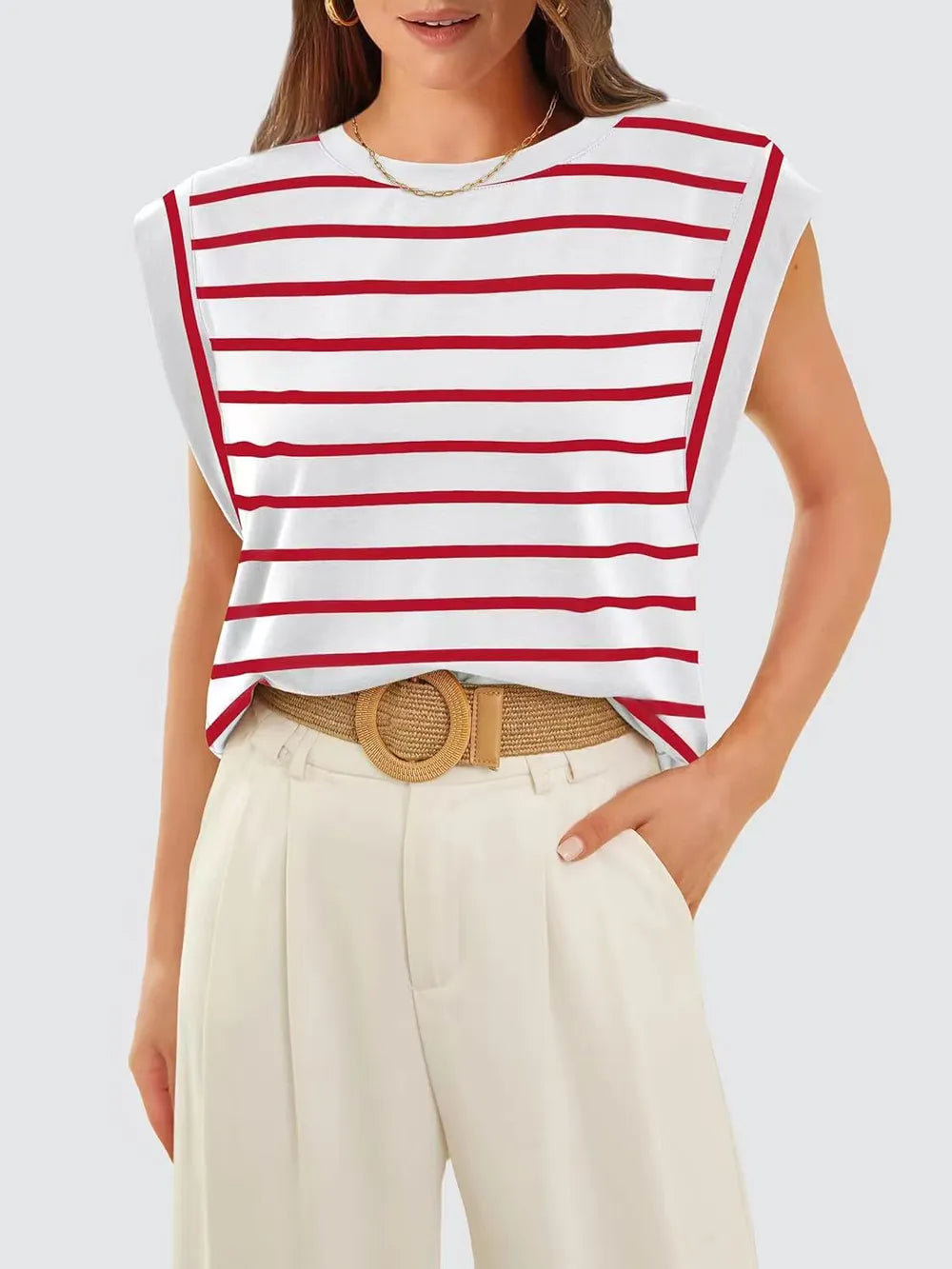Striped Round Neck Cap Sleeve T-Shirt 