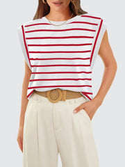 Striped Round Neck Cap Sleeve T-Shirt 