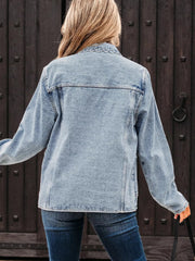 Scallop Trim Collar Patched Pocket Button Up Denim Jacket 