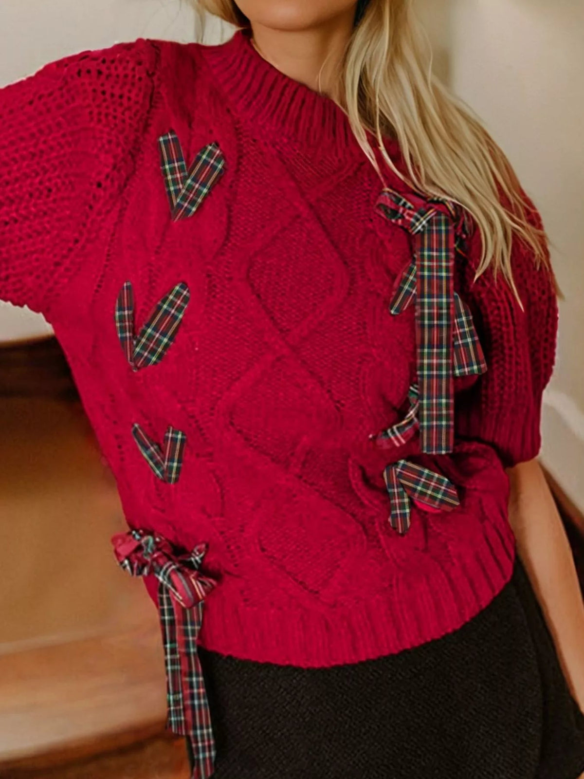 Plaid Lace Up Detail Christmas Holiday Puff Short Sleeve Sweater 