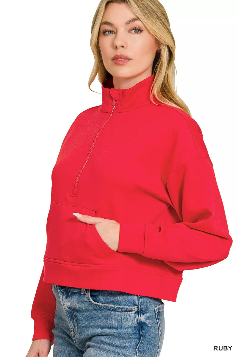 Zenana Scuba Half Zip Pullover With Kangaroo Pockets 