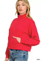 Zenana Scuba Half Zip Pullover With Kangaroo Pockets 