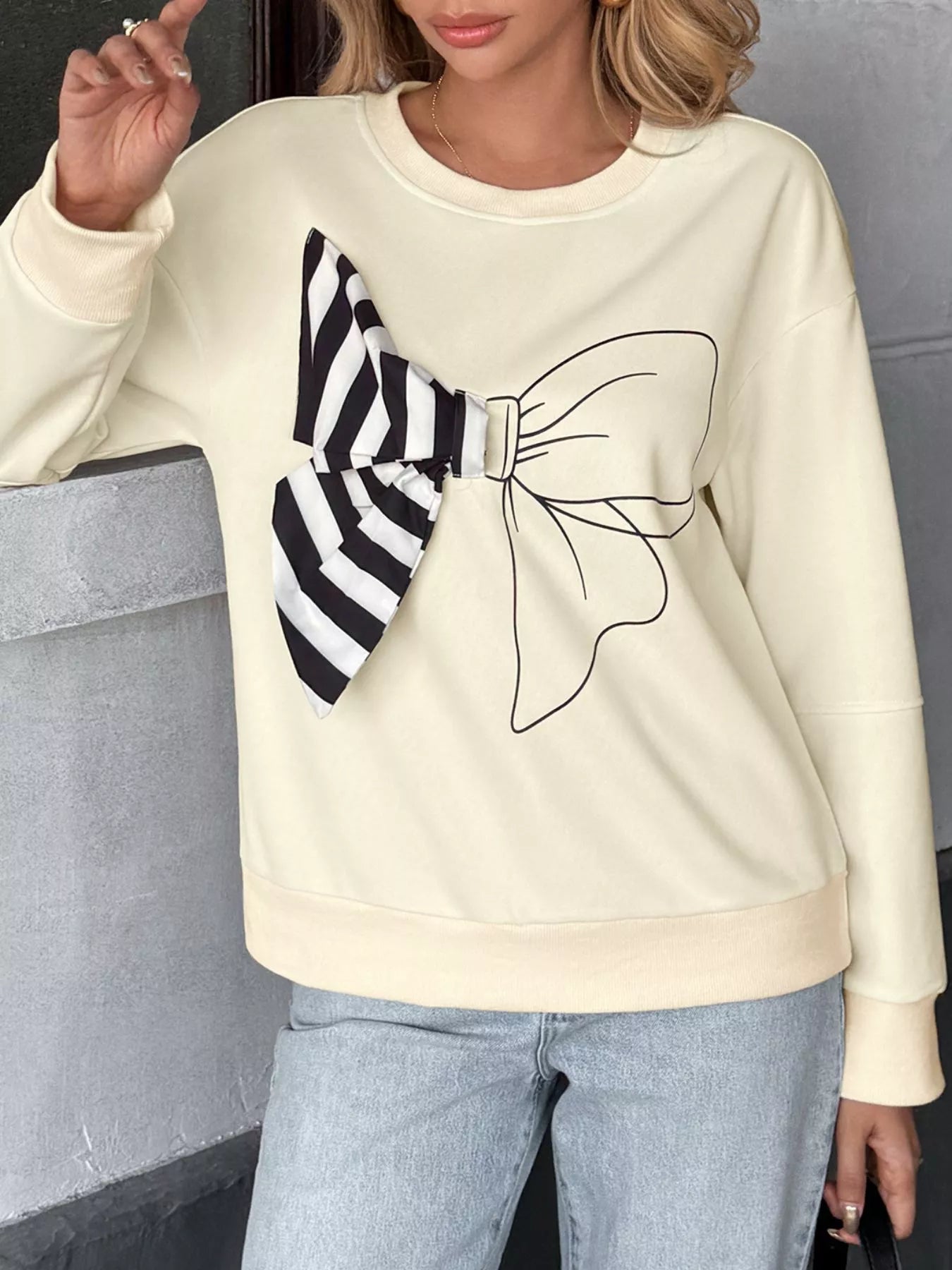Bow Round Neck Dropped Shoulder Sweatshirt 