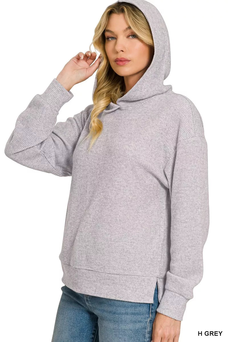 Zenana Brushed Ribbed Hacci Hoodie Pullover 