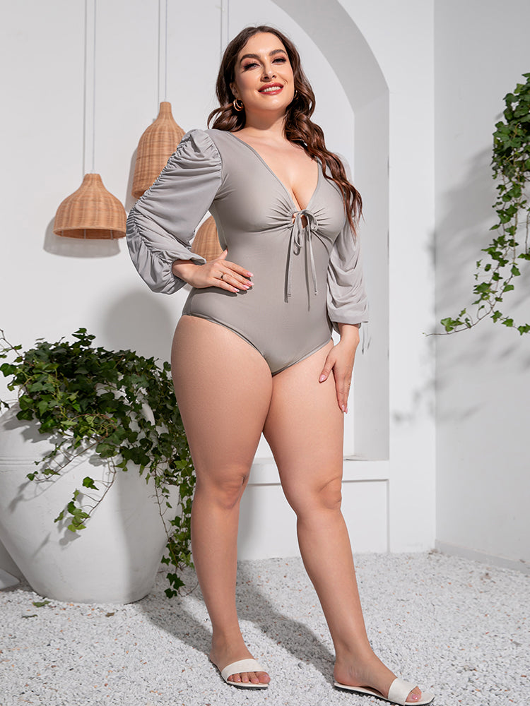 Plus Size Tied Deep V Balloon Sleeve One-Piece Swimsuit 