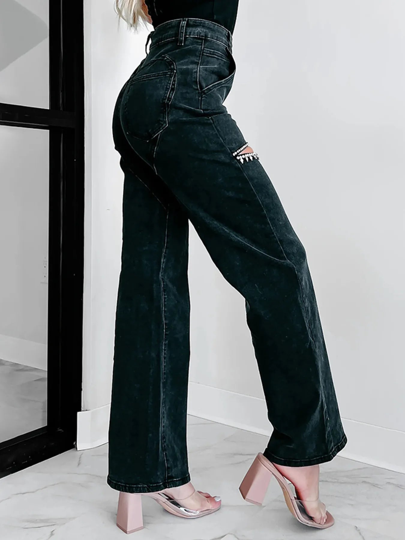 Ripped Wide Leg Wash Denim Jeans 