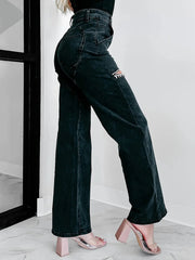 Ripped Wide Leg Wash Denim Jeans 