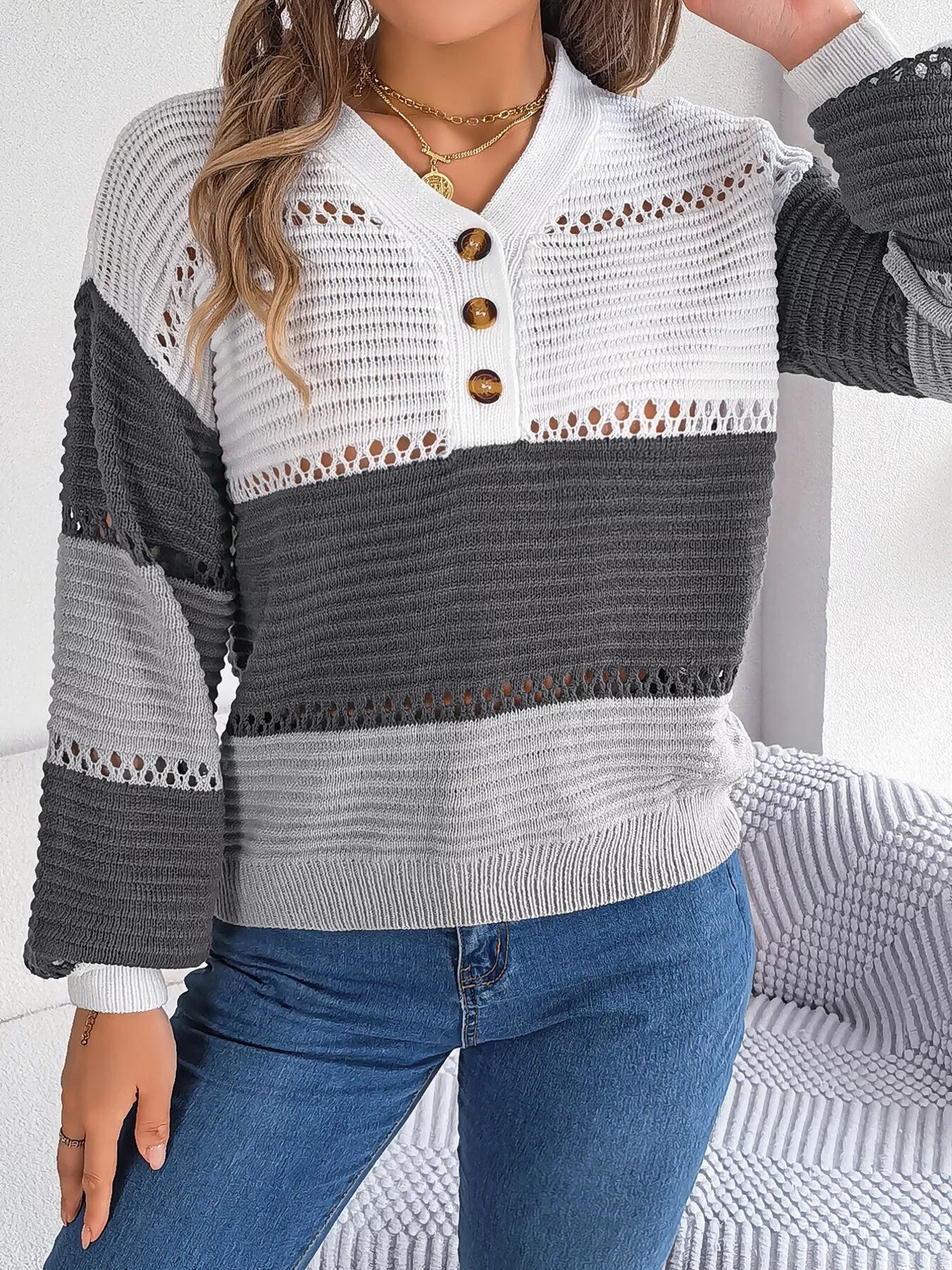 Color Block Striped V-Neck Button Detail Sweater 