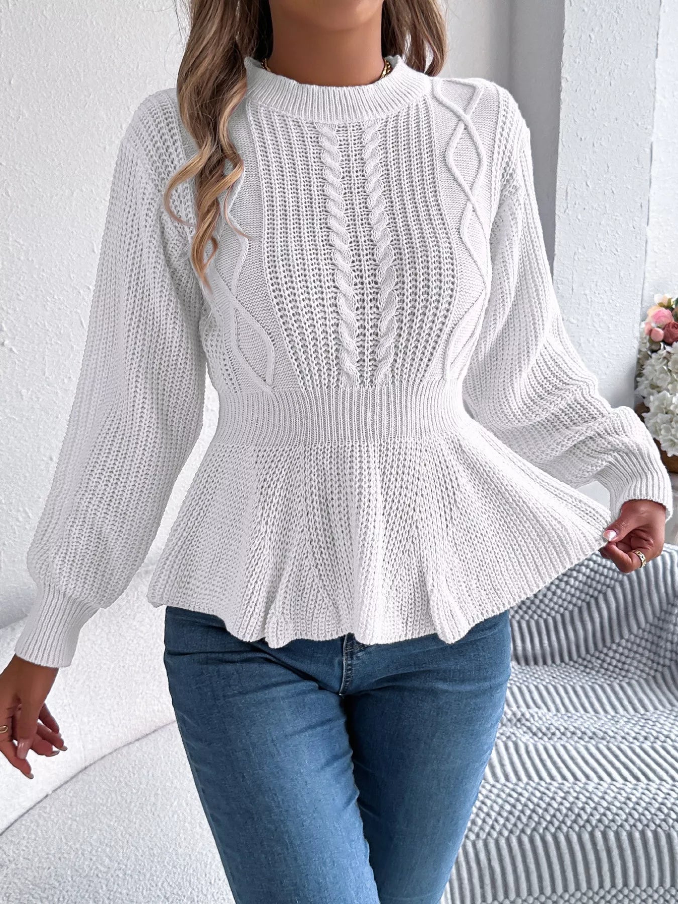 Cable Knit Round Neck Peplum Sweater 