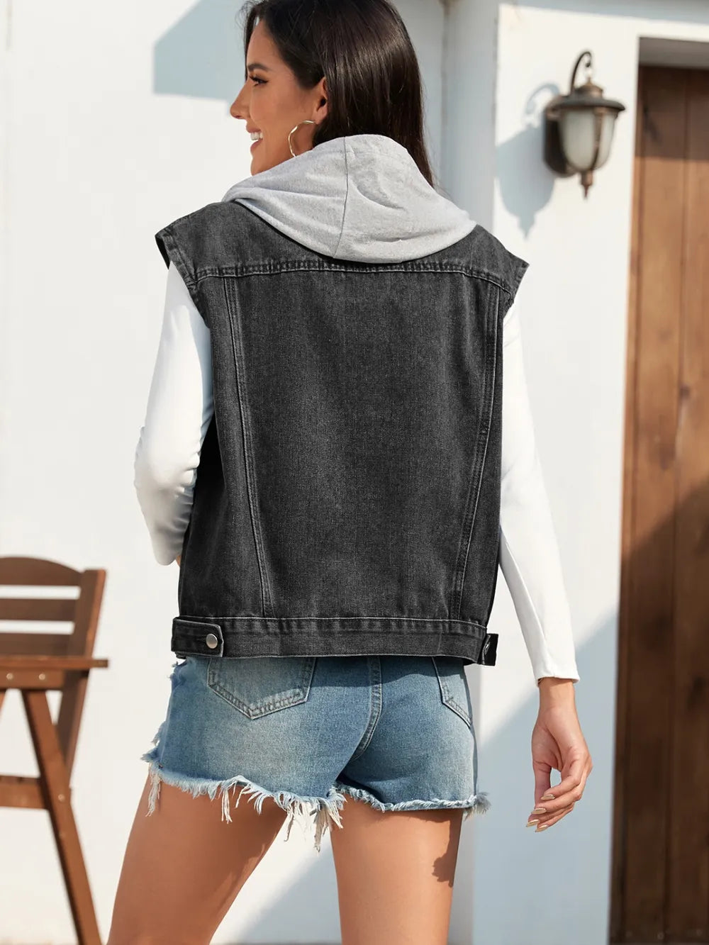 Pocketed Button Up Hooded Denim Jacket 