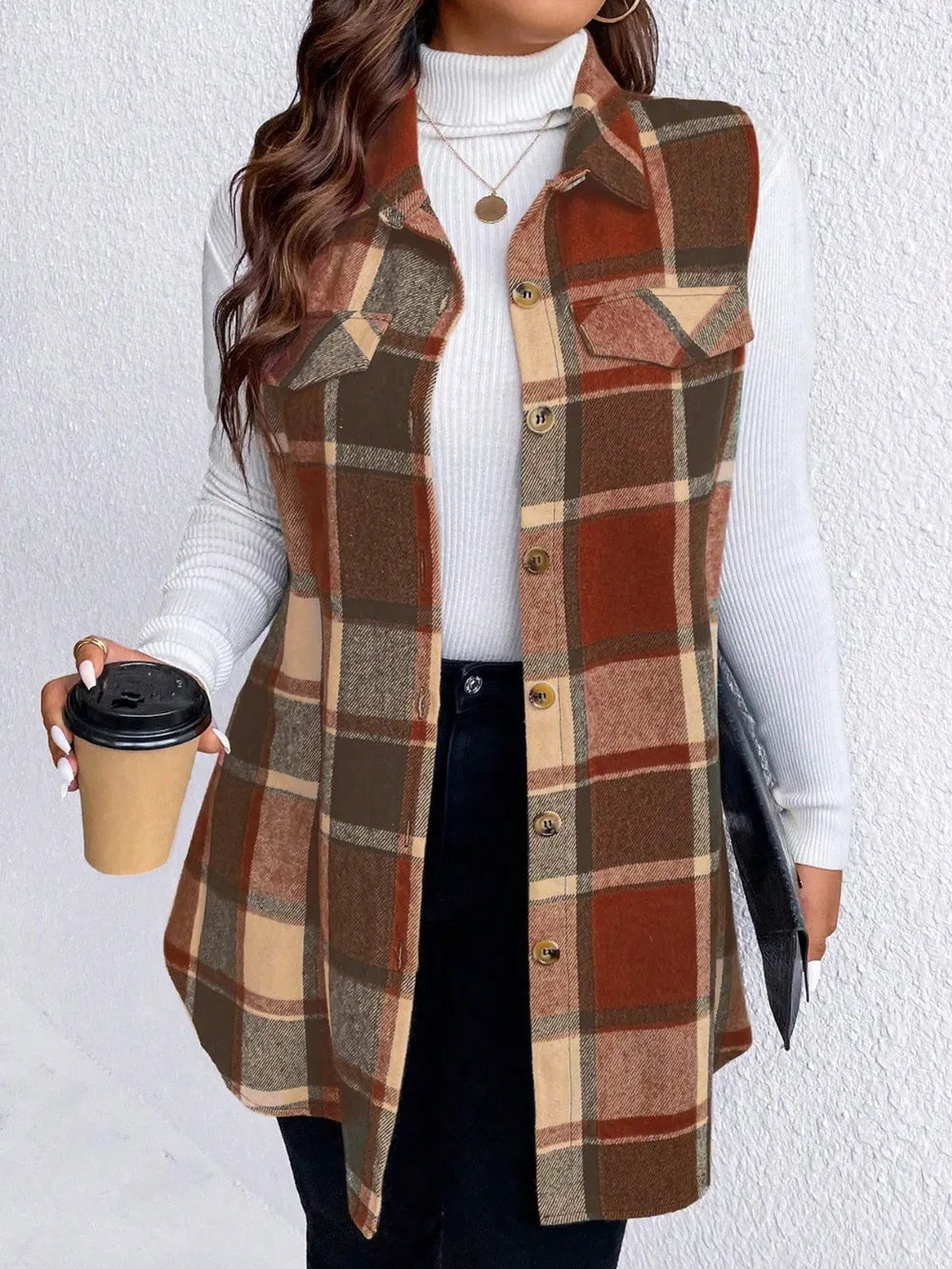 Honey Plus Size Pocketed Plaid Button Up Vest Coat 