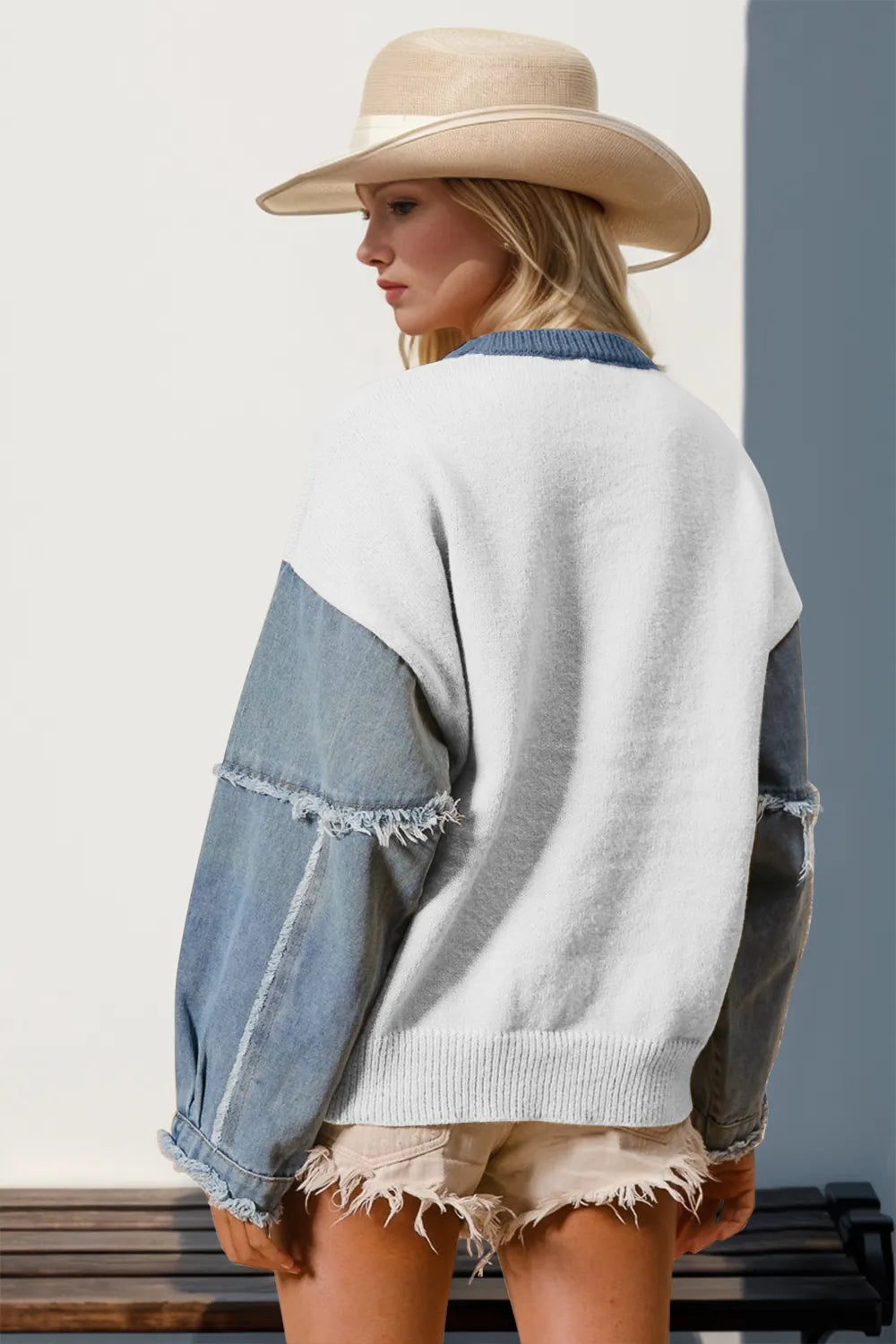 Double Take Full Size Star Pattern Raw Edge Long Sleeve Sweater 