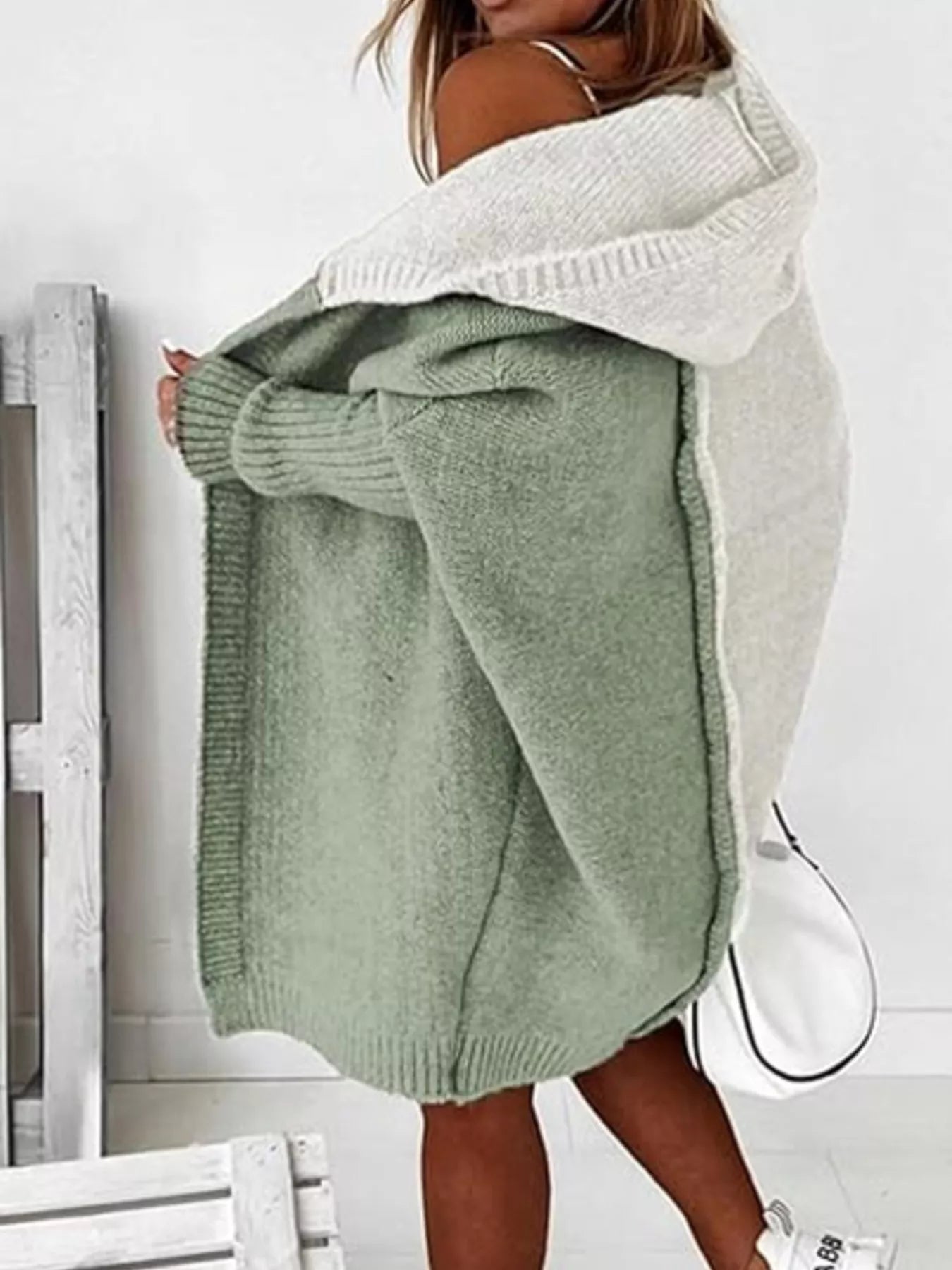Two-Tone Open Front Knit Hooded Cardigan 