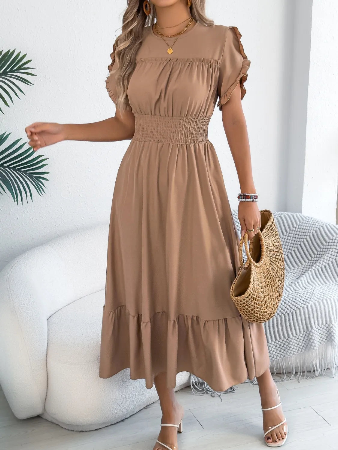 Smocked Frill Round Neck Midi Dress 