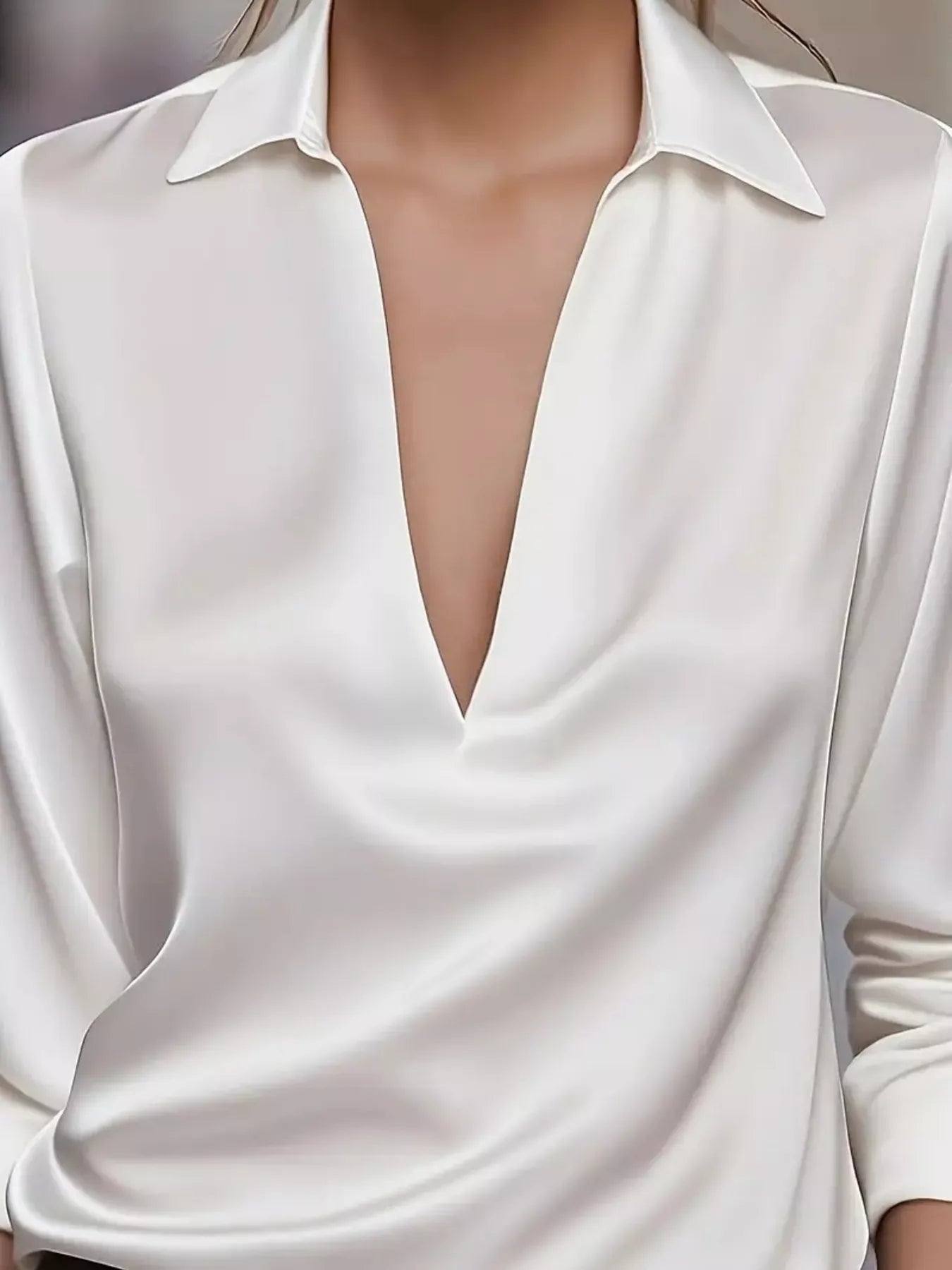 Satin Johnny Collar Long Sleeve Blouse 