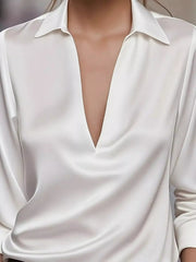 Satin Johnny Collar Long Sleeve Blouse 