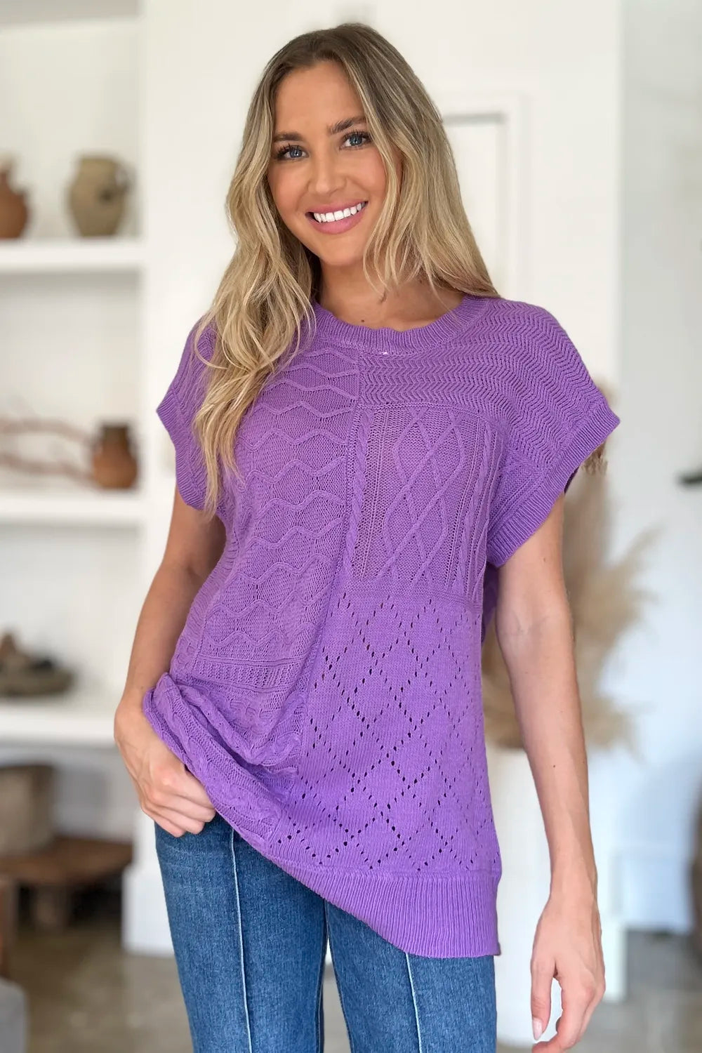 Double Take Full Size Cable-Knit Round Neck Cap Sleeve Sweater 