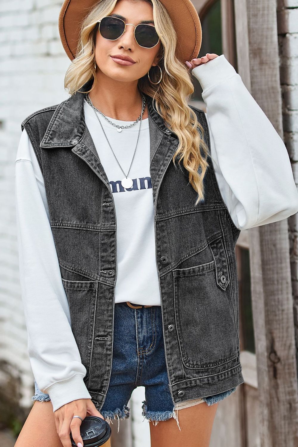 Sleeveless Denim Top with A Detachable Hood 