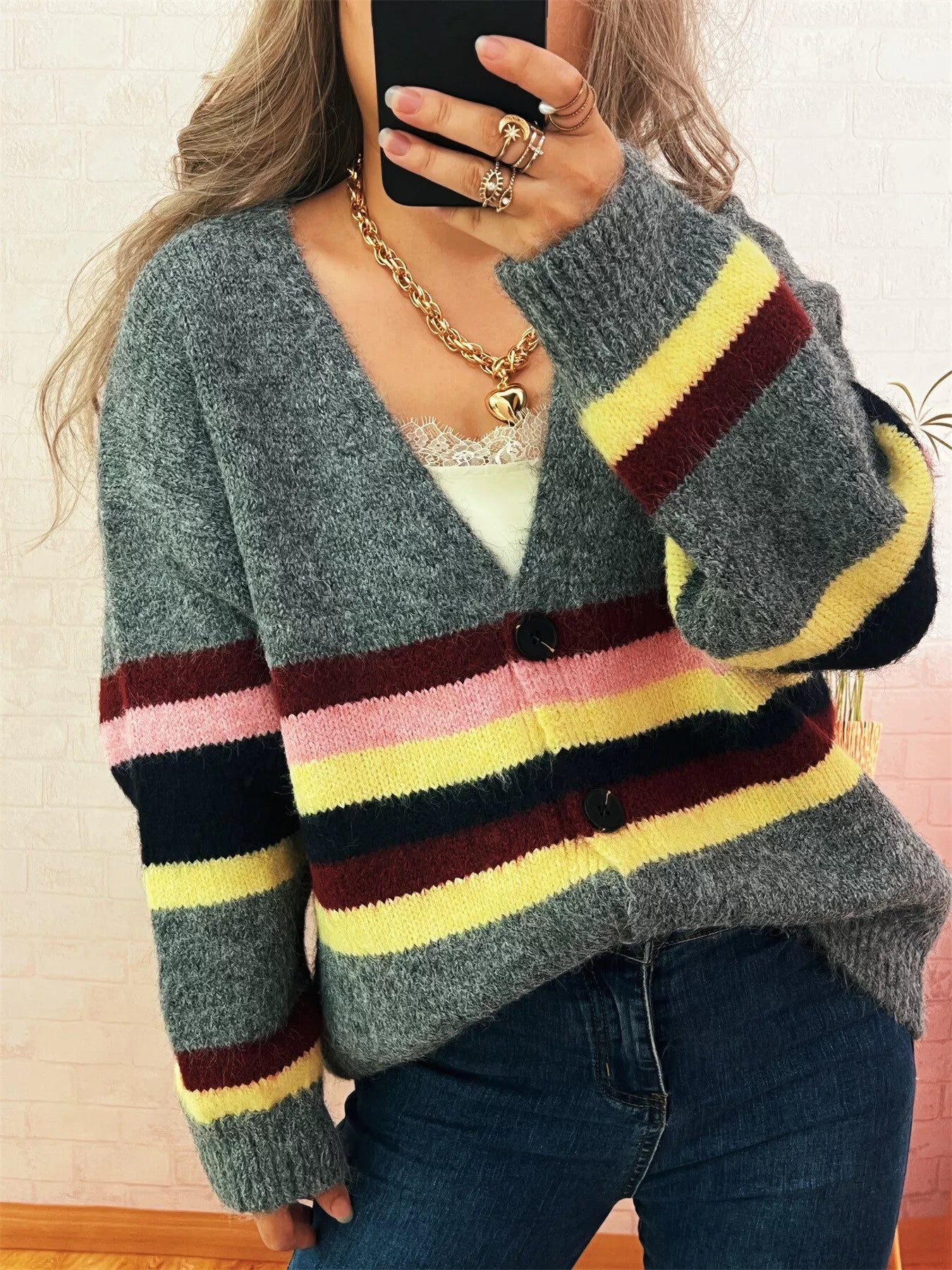 Ribbed Striped Button Down Cardigan 