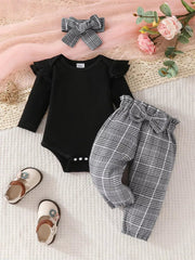 Children's Bodysuit & Plaid Pants & Headband Set 