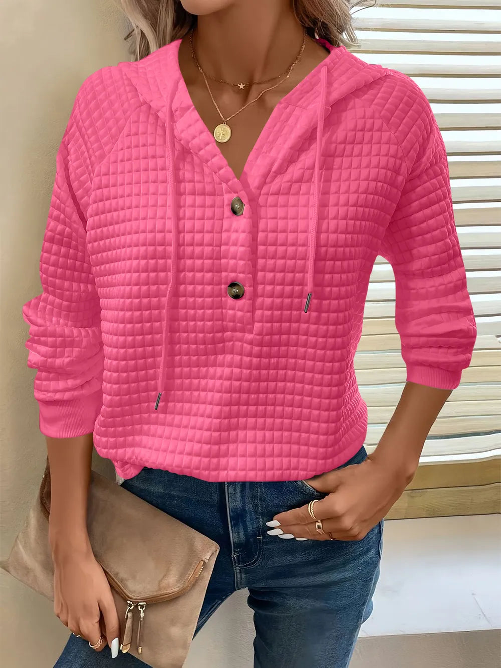 Full Size Texture Button Detail Drawstring Long Sleeve Hoodie 