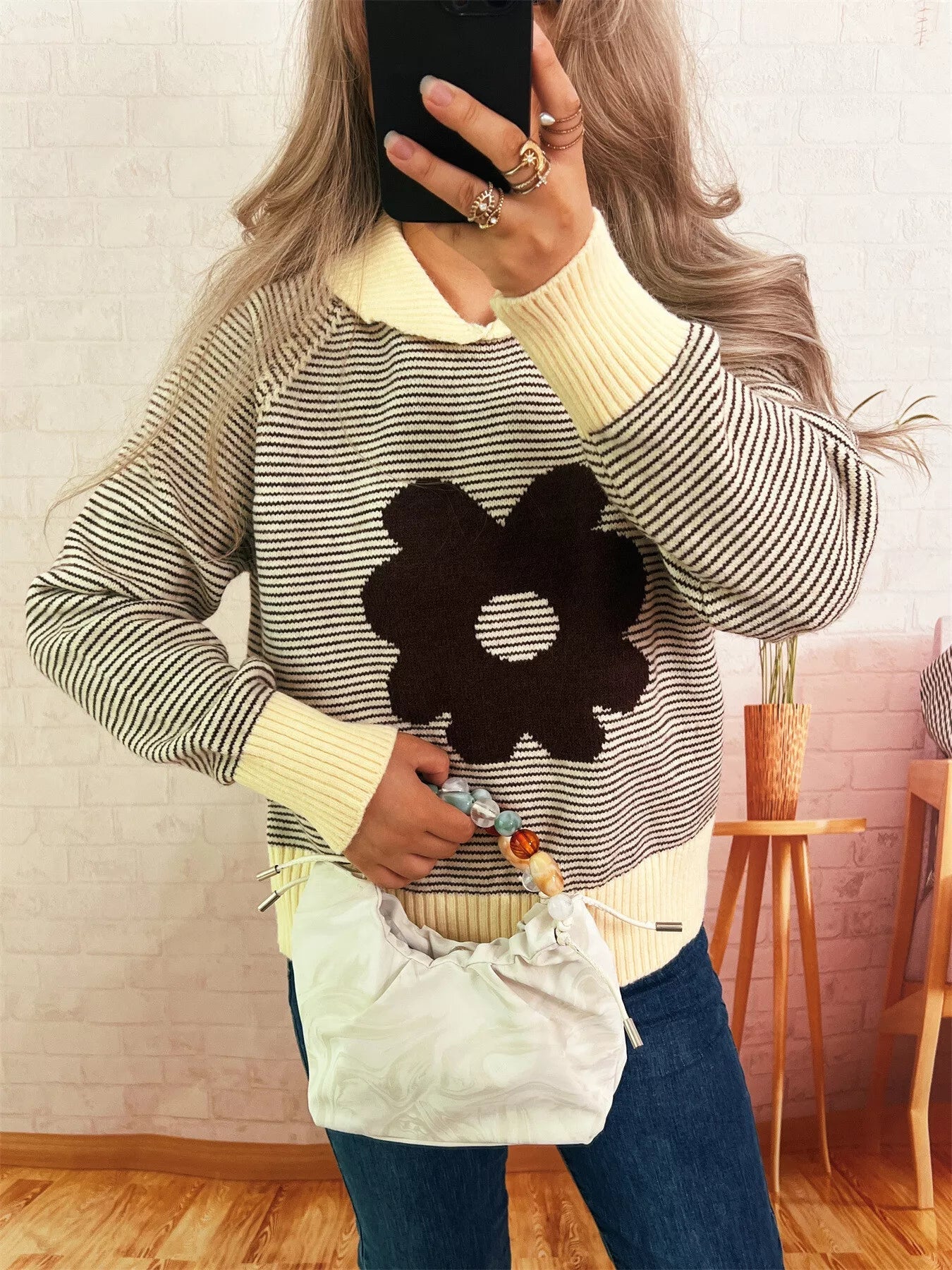 Striped Flower Raglan Sleeve Sweater 