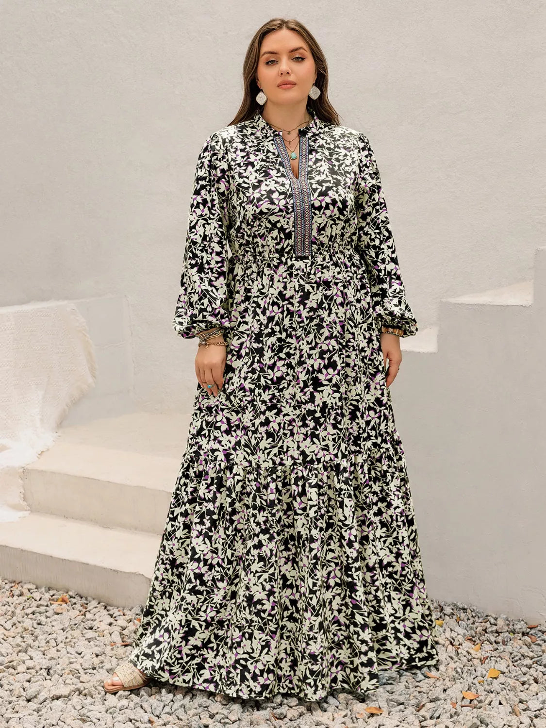 Plus Size Floral Print Long Sleeve Tiered Maxi Dress 