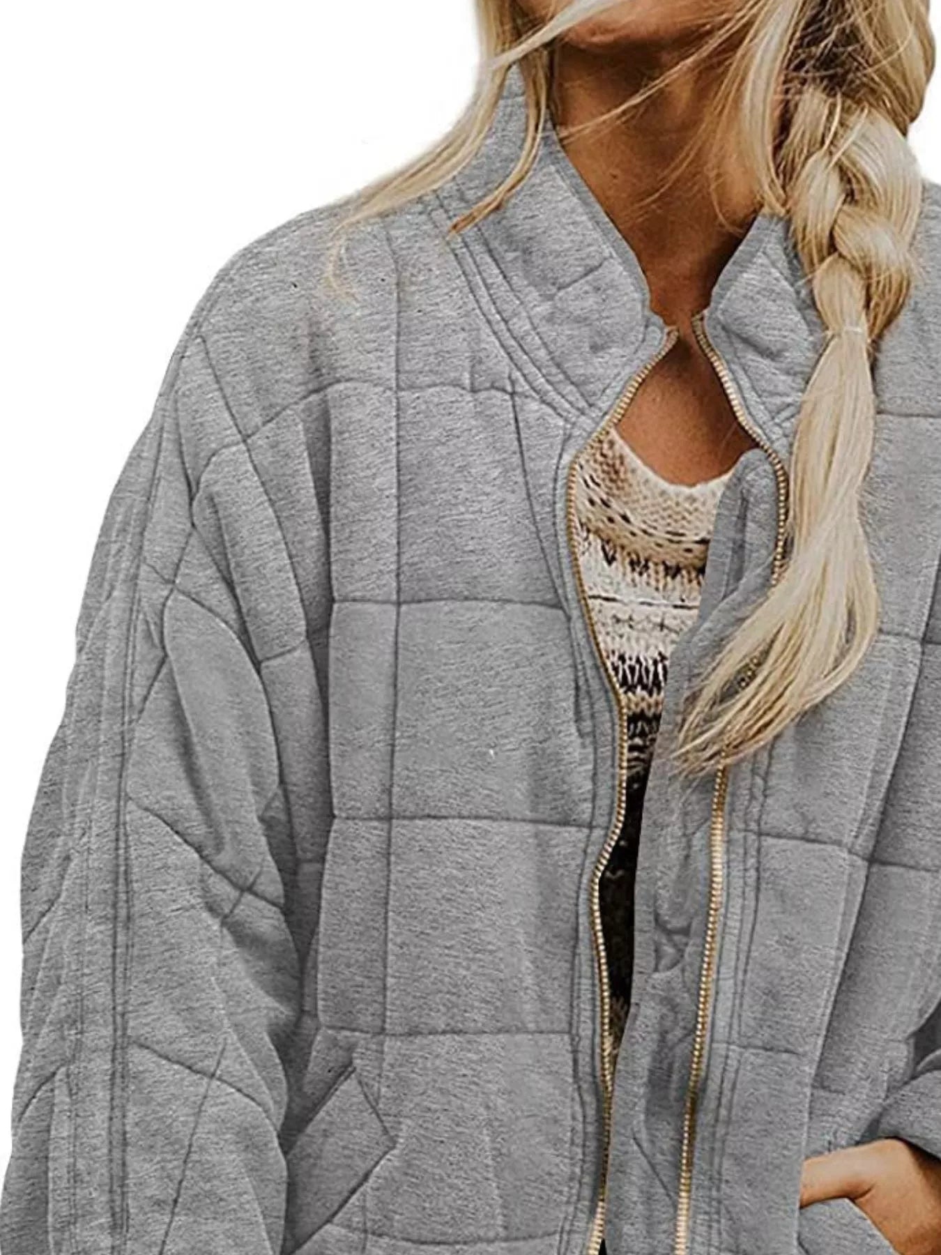 Full Size Zip Up Quilted Bomber Jacket Plus Size 