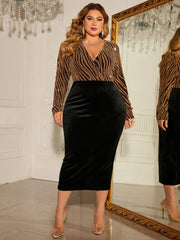 Honey Plus Size Surplice Neck Long Sleeve Slit Dress 