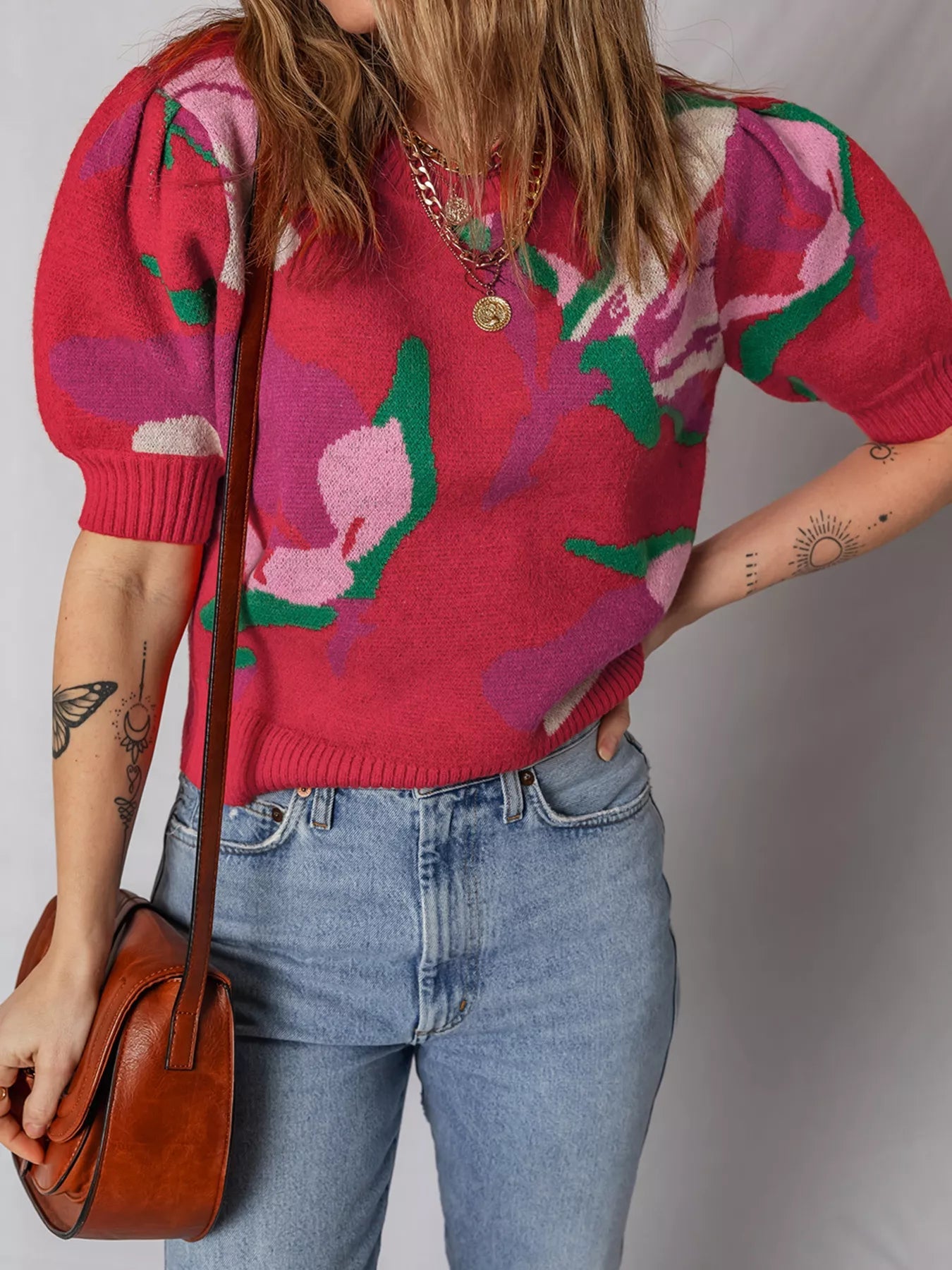 Floral Abstract Print Short Puff Sleeve Sweater 
