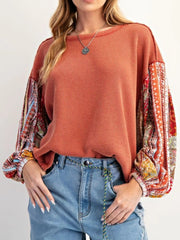 Waffle Knit Round Neck Dropped Shoulder Sweatshirt 