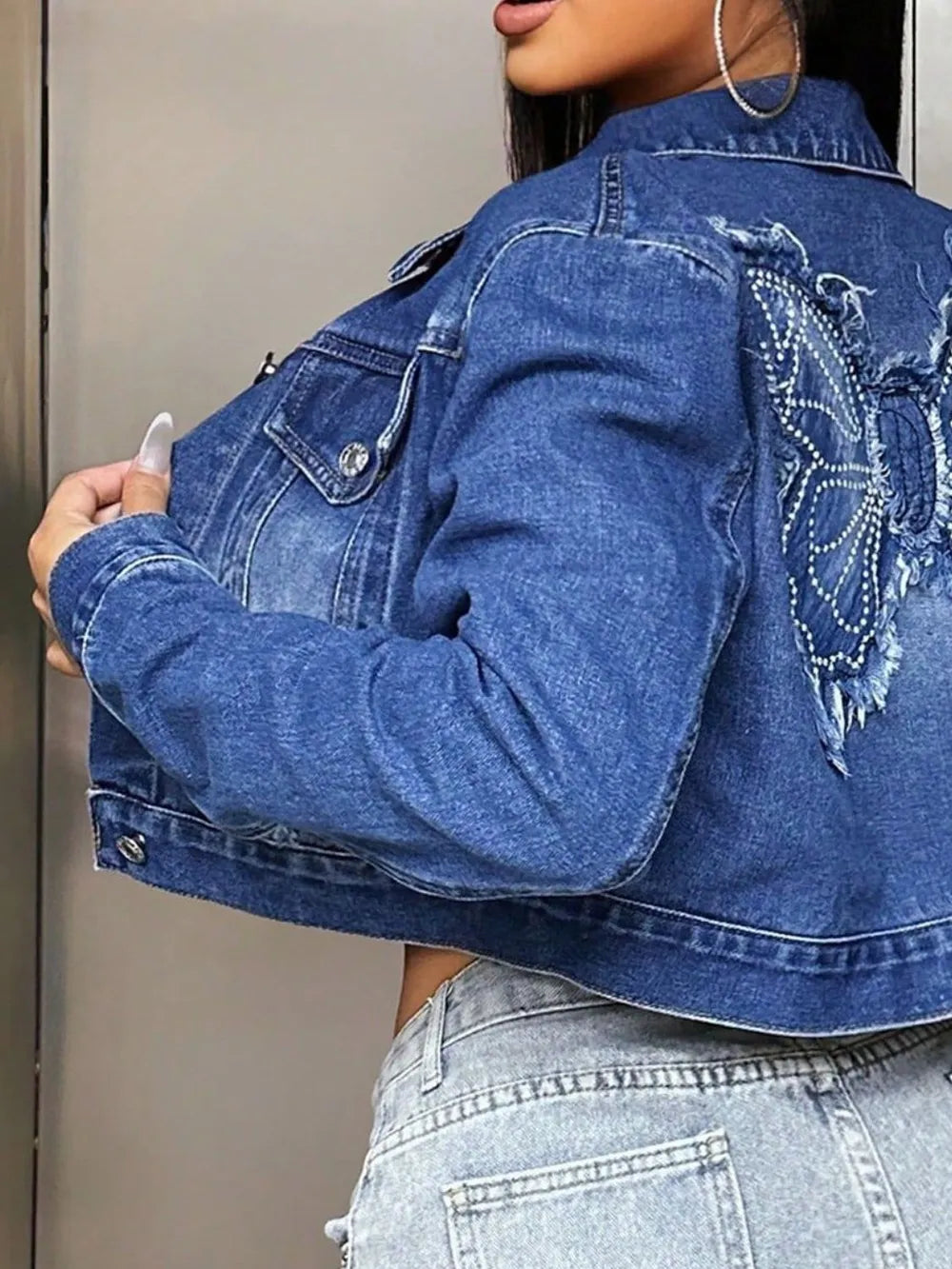Butterfly Patch Long Sleeve Cropped Denim Top 