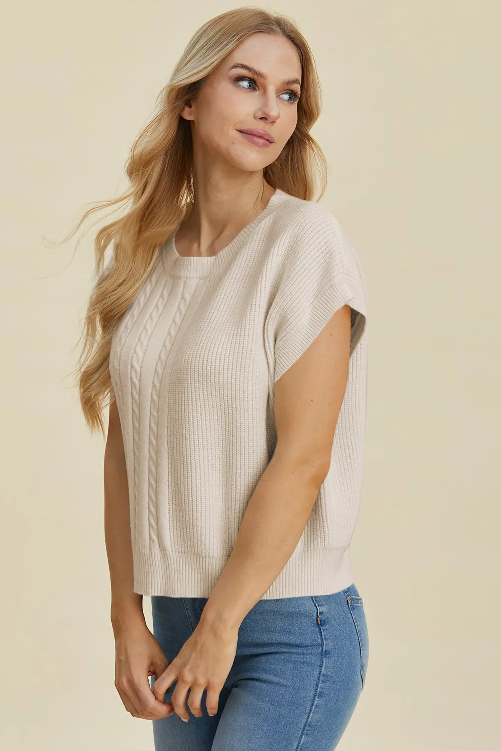 Double Take Full Size Cable-Knit Round Neck Short Sleeve Sweater 