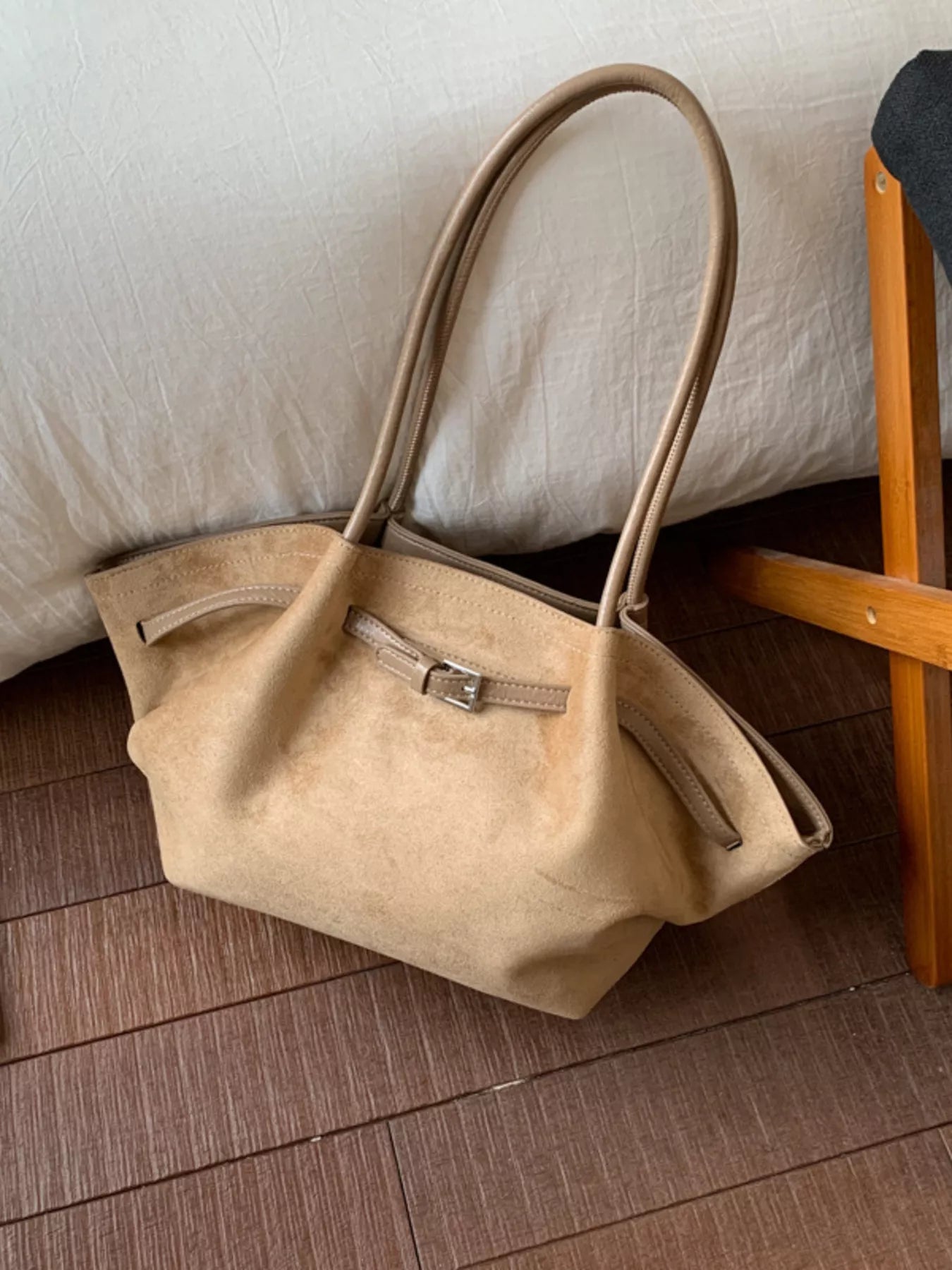 Solid Color Buckle Tote Bag 
