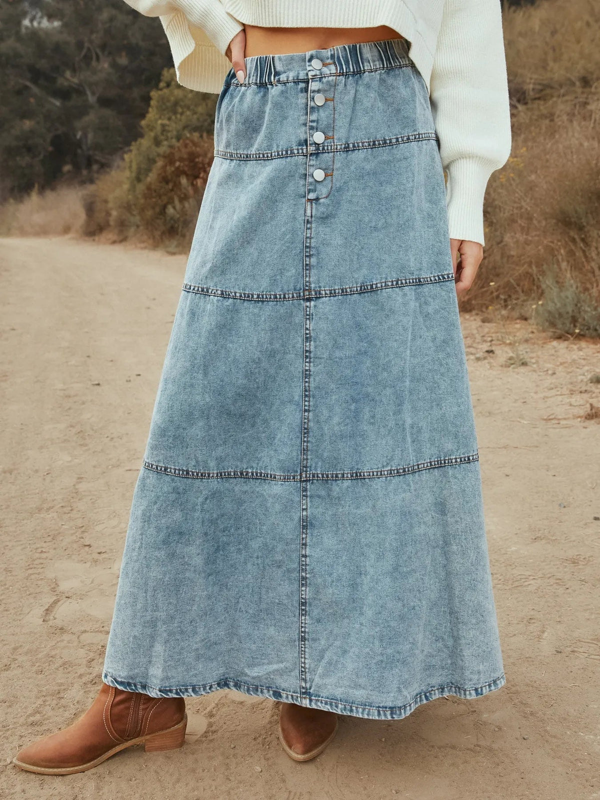 Button-Front Tiered Maxi Denim Skirt 