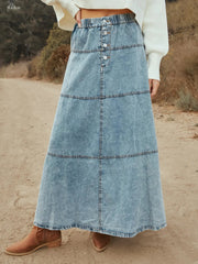 Button-Front Tiered Maxi Denim Skirt 