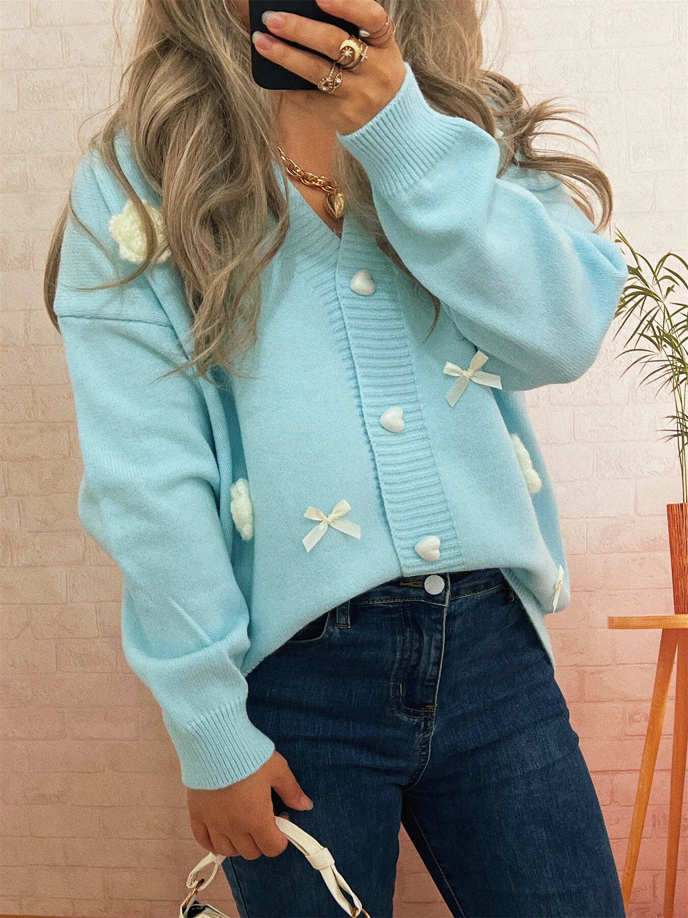 Flower Heart Button Long Sleeve Cardigan 