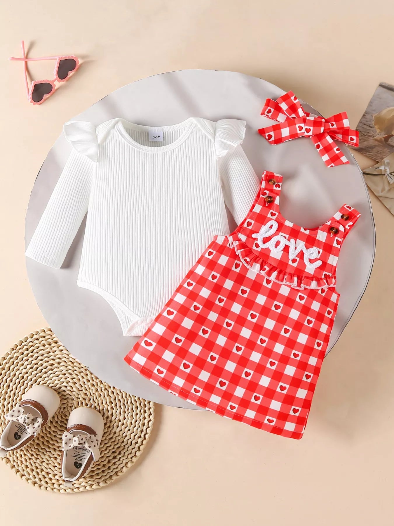 Children's Ruffled Bodysuit and Gingham Dress Set with Headband 