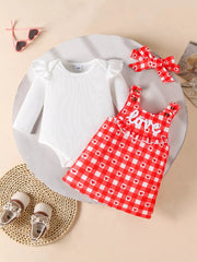 Children's Ruffled Bodysuit and Gingham Dress Set with Headband 
