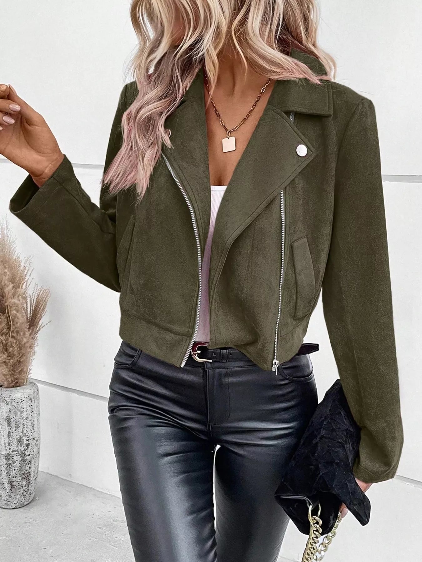 Suede Moto Jacket with Zip Detail 