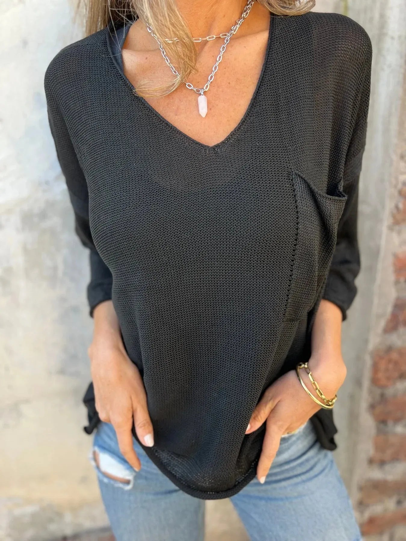 Full Size Casual V-Neck Knit Sweater Plus Size 
