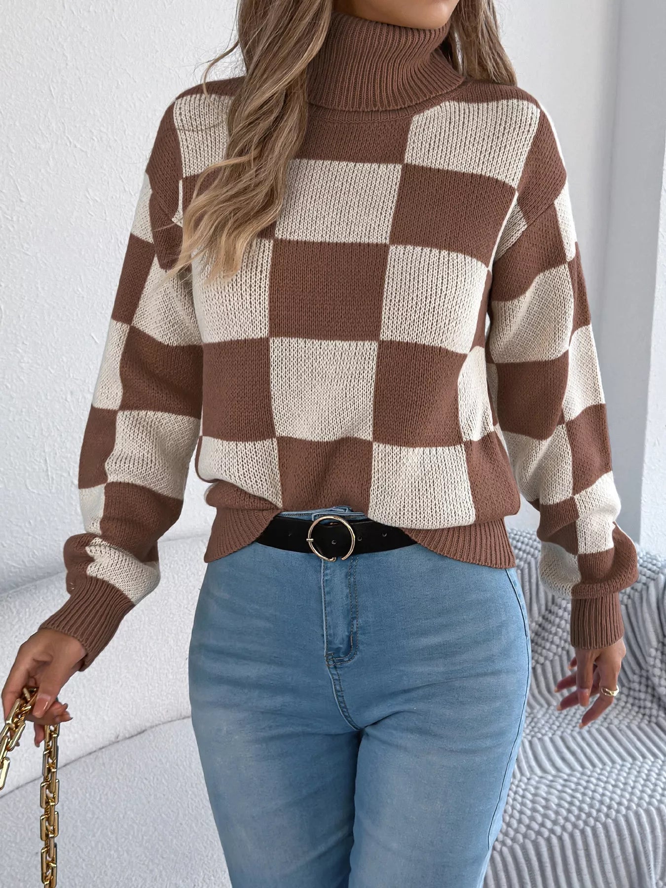 Checkered Turtleneck Long Sleeve Sweater 