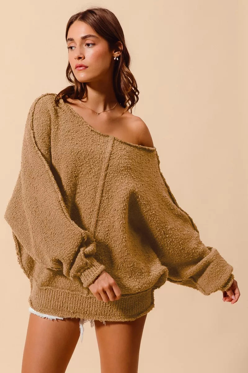 SO ME Loose Fit Exposed Seam Slouchy Boucle Sweater 