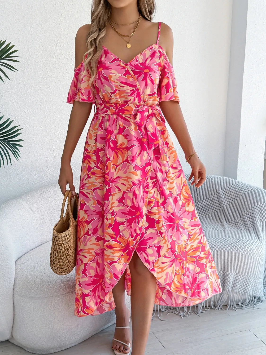 Printed Cold Shoulder Midi Cami Dress 